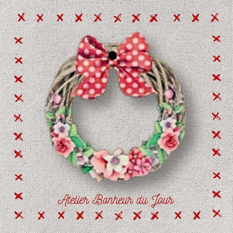decorative wooden button in pouch "Pink knot door wreath" Atelier Bonheur du jour
