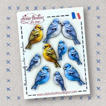boutons décoratifs en bois "Oiseaux bleus" Atelier Bonheur du jour