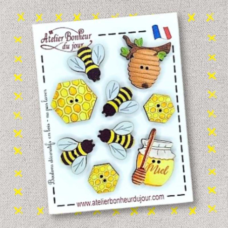 boutons décoratifs bois en pochette "Les abeilles" Atelier Bonheur du jour