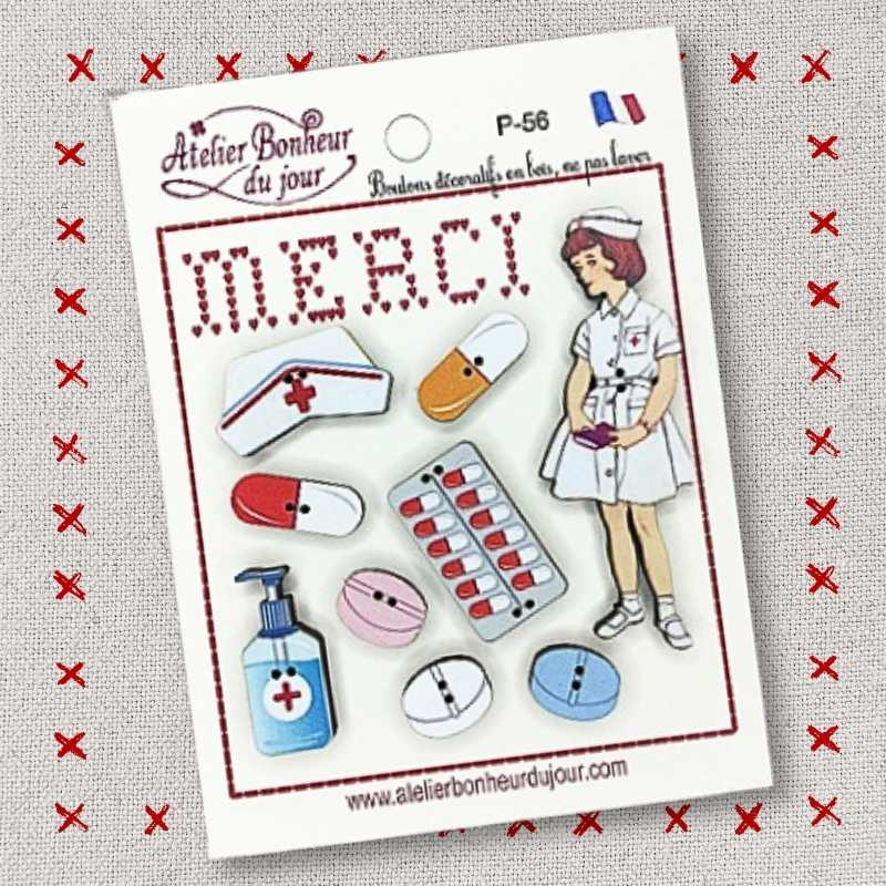 Pochette Aux personnels soignants - boutons décoratifs en bois "MERCI" Atelier bonheur du jour