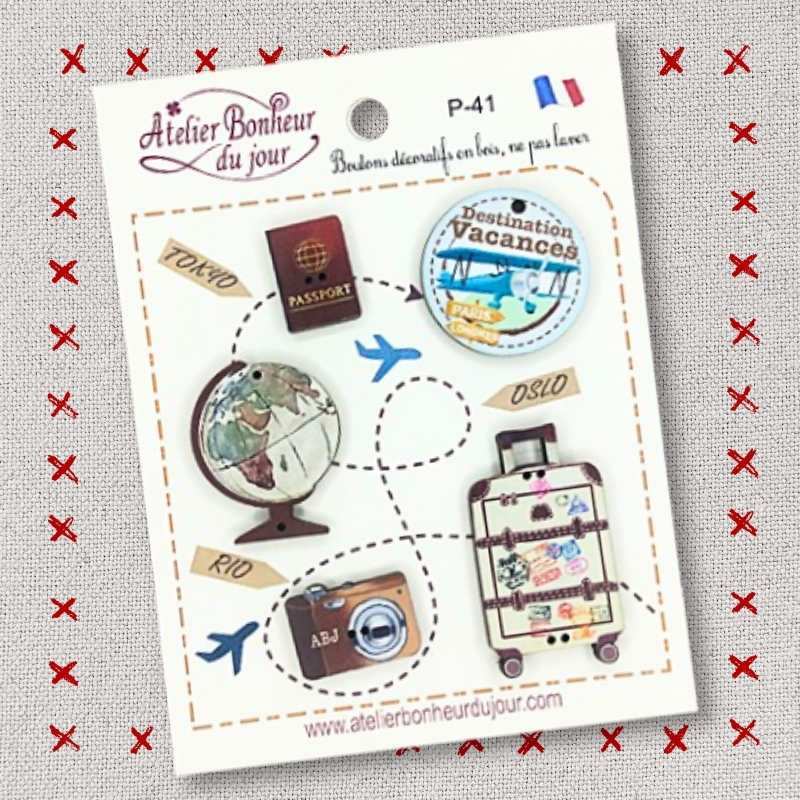 Pochette boutons décoratifs en bois "DESTINATION VACANCES" Atelier Bonheur du jour