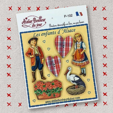 Pochette boutons décoratifs en bois "Les enfants d'Alsace" Atelier Bonheur du jour