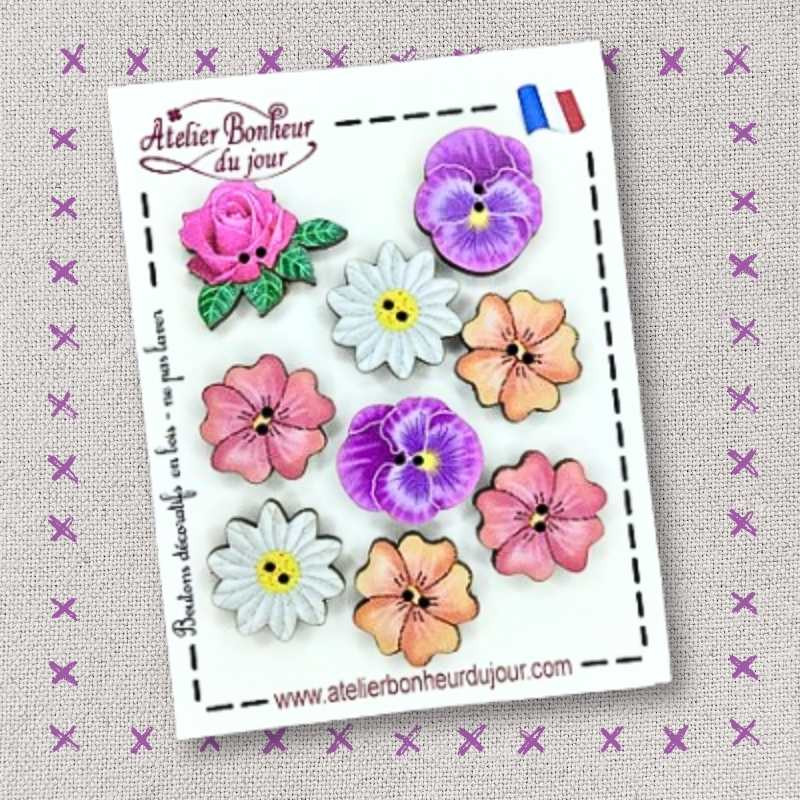 Mini pochette boutons décoratifs en bois "Fleurs et pensées" Atelier bonheur du jour