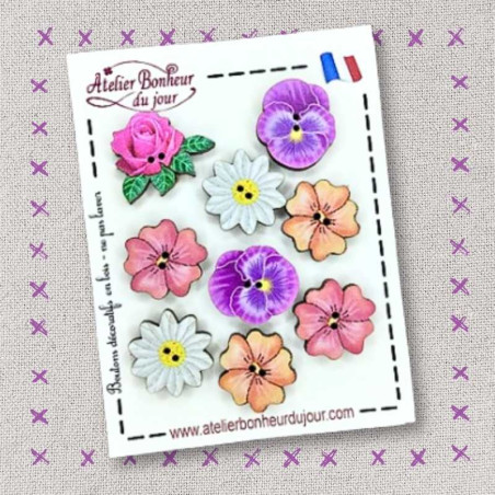 Mini pochette boutons décoratifs en bois "Fleurs et pensées" Atelier bonheur du jour