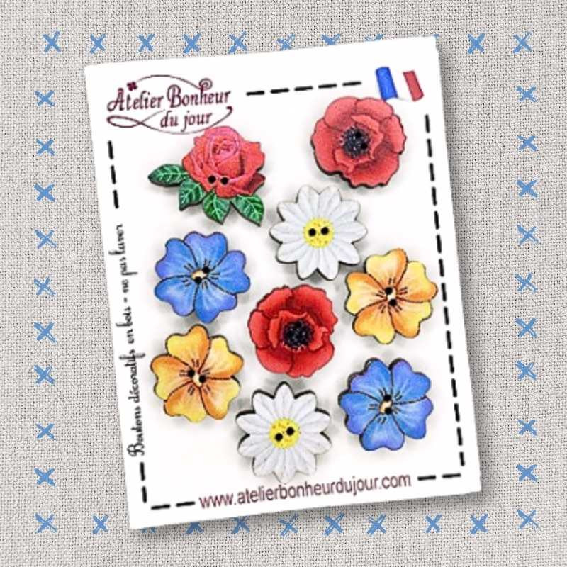 Mini pochette boutons décoratifs en bois "Fleurs et coquelicots" Atelier Bonheur du jour