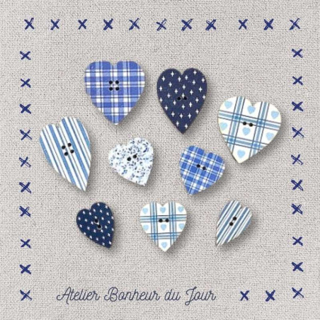 pochette boutons décoratifs en bois "Coeurs bleus" Atelier Bonheur du jour