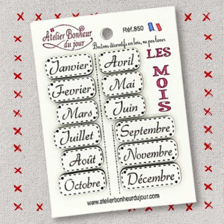 Pochette de boutons décoratifs en bois "LES MOIS" Atelier bonheur du jour