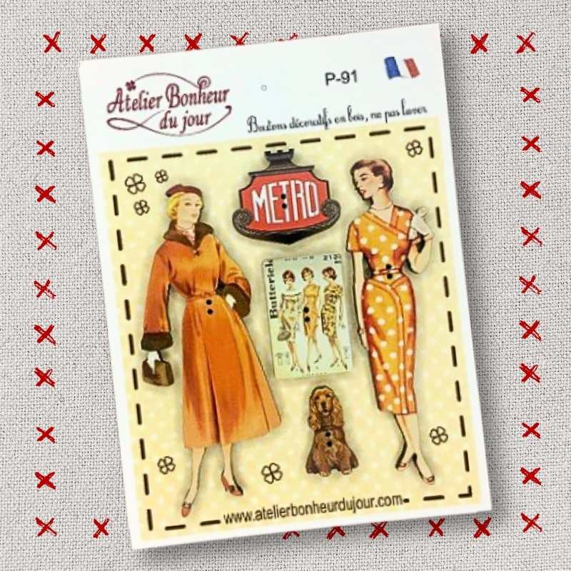 Pochette boutons décoratifs en bois "Mode Vintage orange" Atelier Bonheur du jour