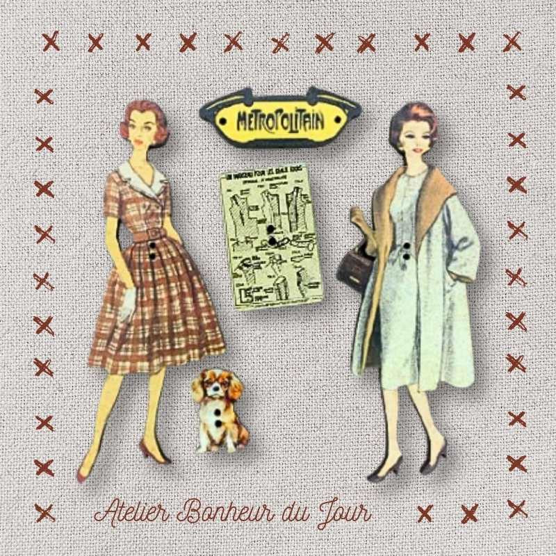 Decorative wooden button in pouch "Brown vintage fashion" Atelier Bonheur du jour