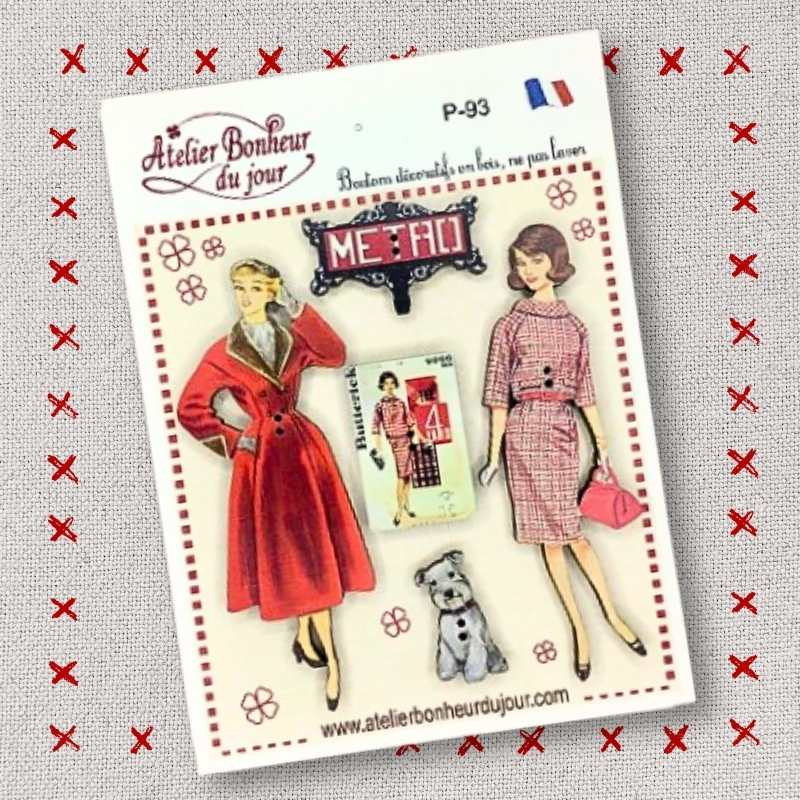 Pochette boutons décoratifs en bois "Mode Vintage rouge" Atelier Bonheur du jour