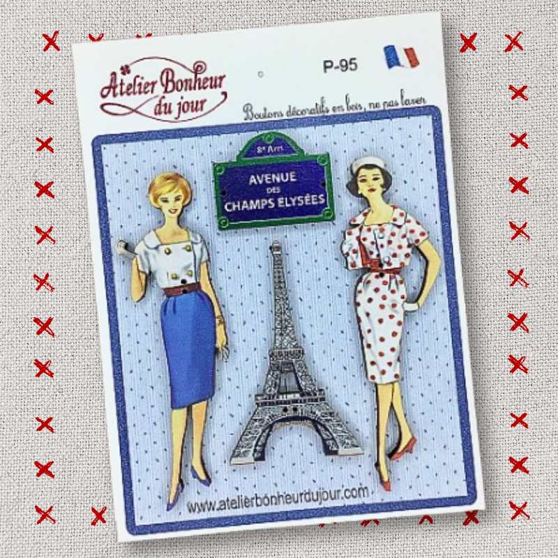 Decorative wooden button in pouch "Avenue des Champs Elysées" Atelier Bonheur du jour