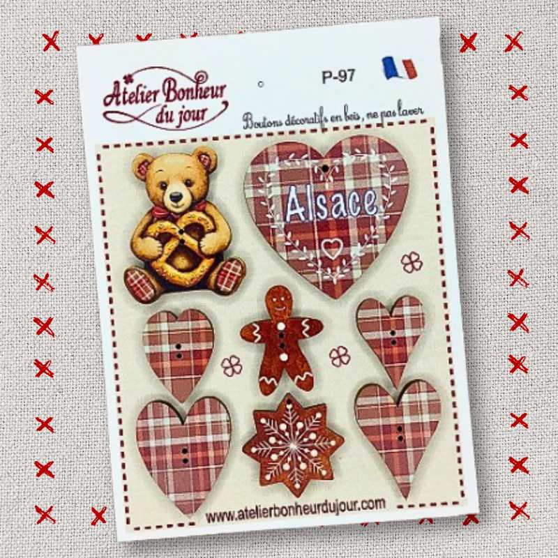 Pochette boutons décoratifs en bois "Alsace rouge" Atelier Bonheur du jour