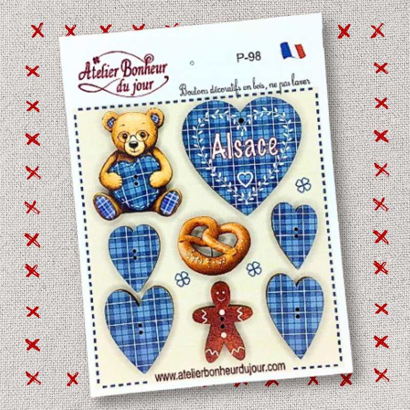 Pochette boutons décoratifs en bois "Alsace bleu" Atelier Bonheur du jour