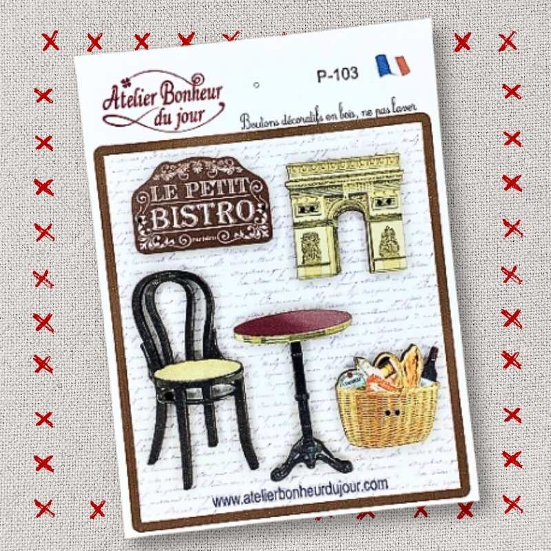 Pochette boutons décoratifs en bois "LE PETIT BISTRO PARISIEN" Atelier Bonheur du jour