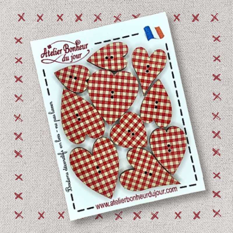 Decorative wooden buttons "red gingham hearts" Atelier Bonheur du jour