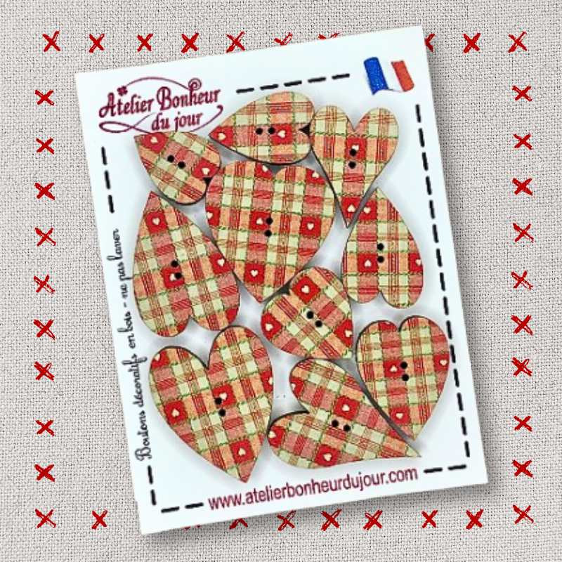 Decorative wooden buttons "Hearts tiles hearts" Atelier Bonheur du jour
