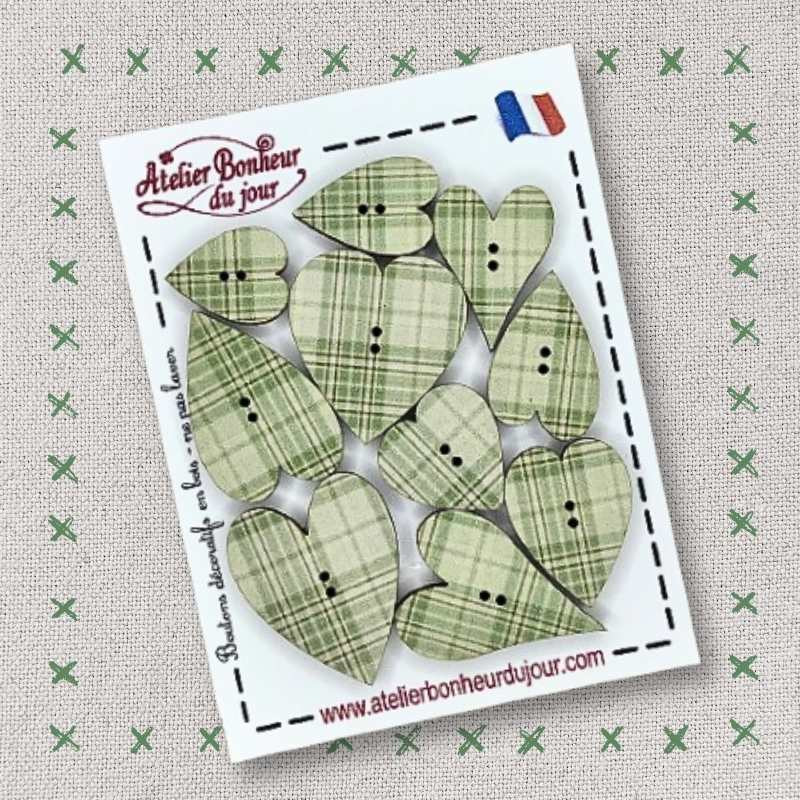 Decorative wooden buttons "Light green hearts" Atelier Bonheur du jour