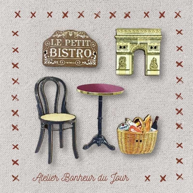 Decorative wooden button in pouch "The little Parisian bistro" Atelier Bonheur du jour