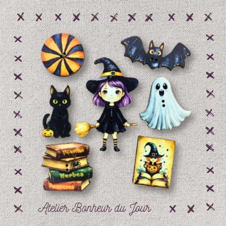 Pochette boutons décoratifs en bois "Apprentie Sorcière" Atelier Bonheur du jour