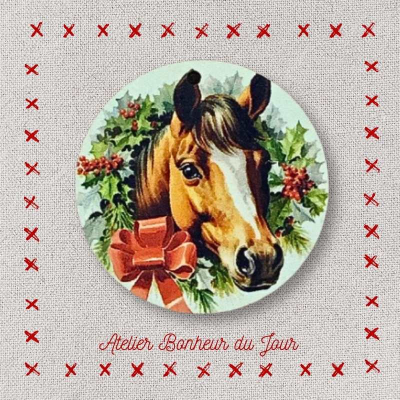 Bouton décoratif en bois "Cheval couronne de Noël" Atelier Bonheur du jour