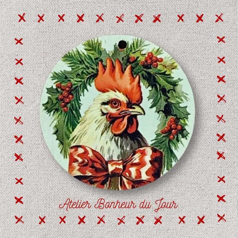Bouton décoratif en bois "Coq couronne de Noël" Atelier Bonheur du jour