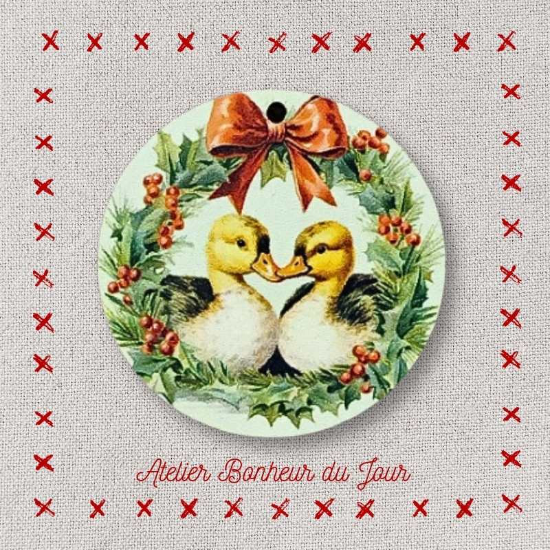 Bouton décoratif en bois "Canards couronne de Noël" Atelier Bonheur du jour