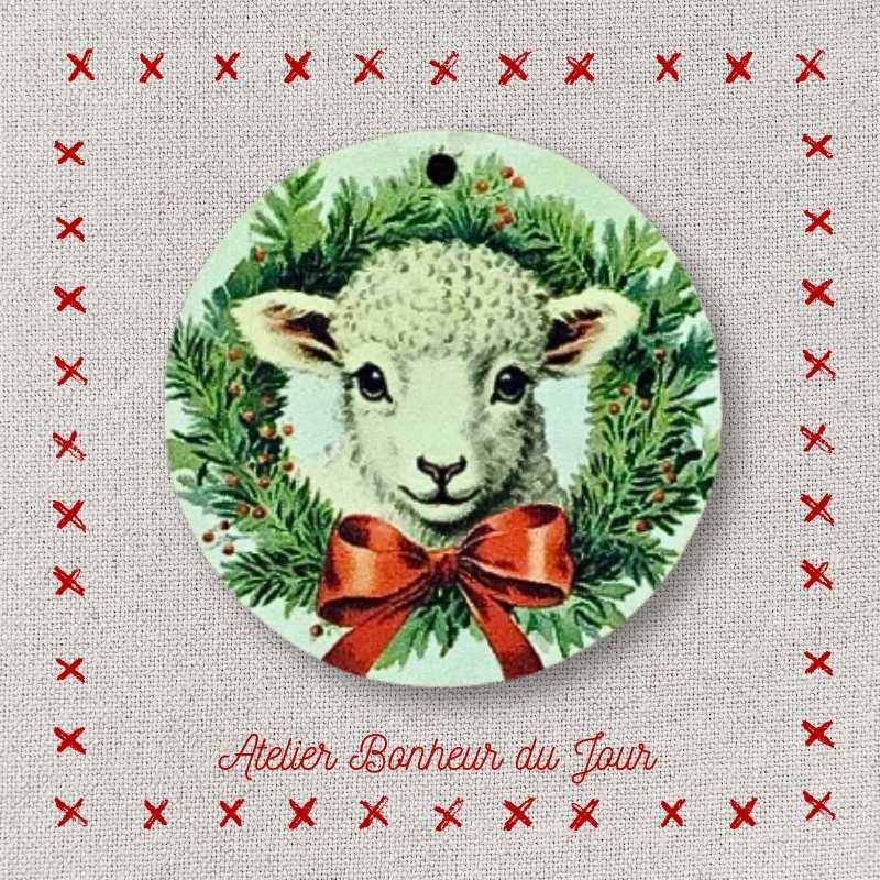 Decorative wooden button "Christmas Wreath sheep" Atelier bonheur du jour