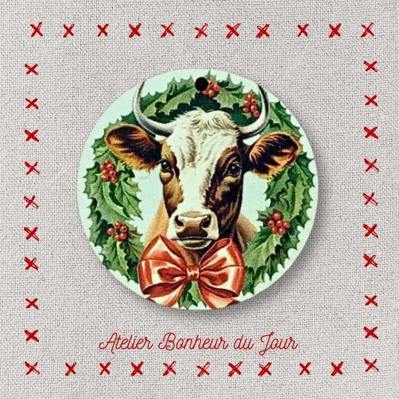 Decorative wooden button "Christmas Wreath cow" Atelier bonheur du jour