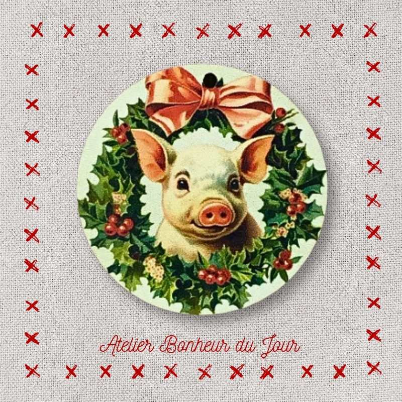 Bouton décoratif en bois "Cochon couronne de Noël" Atelier Bonheur du jour