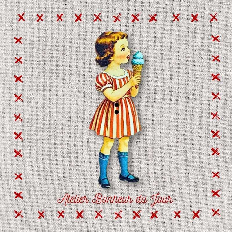 Decorative wooden button "Alice and her Ice Cream" Atelier bonheur du jour