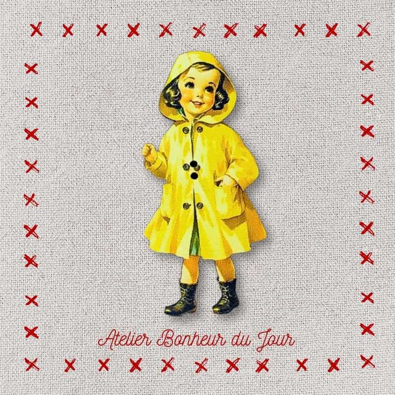 Decorative wooden button "Mathilde in the rain" Atelier bonheur du jour