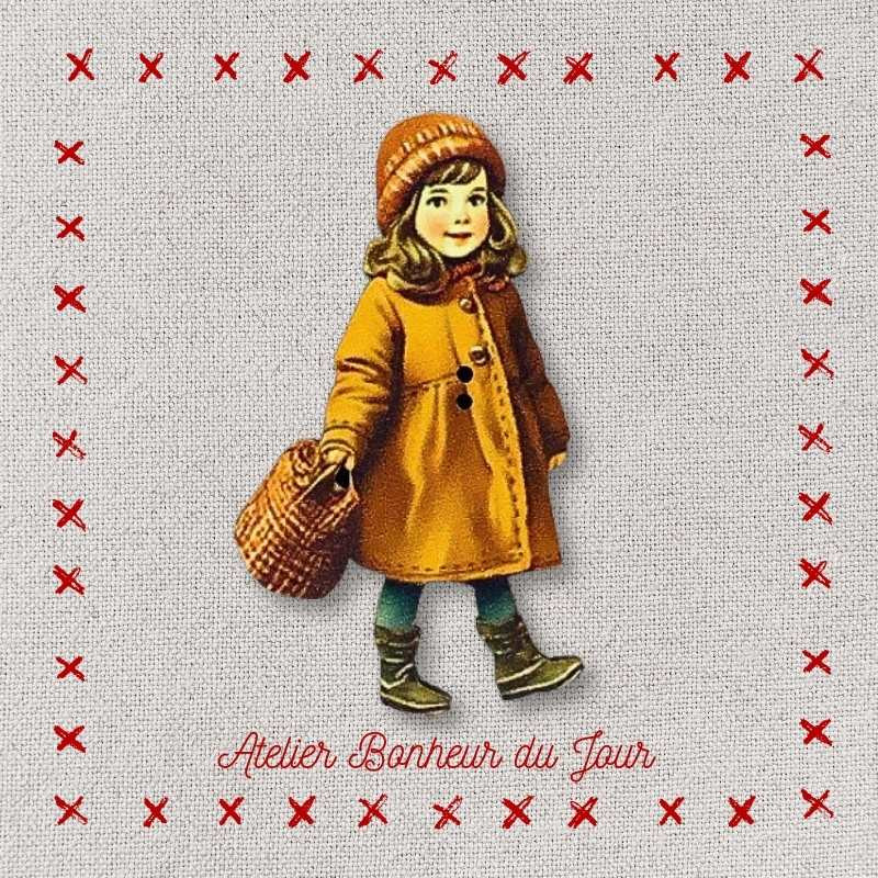 Decorative wooden button "Pauline and her basket" Atelier bonheur du jour