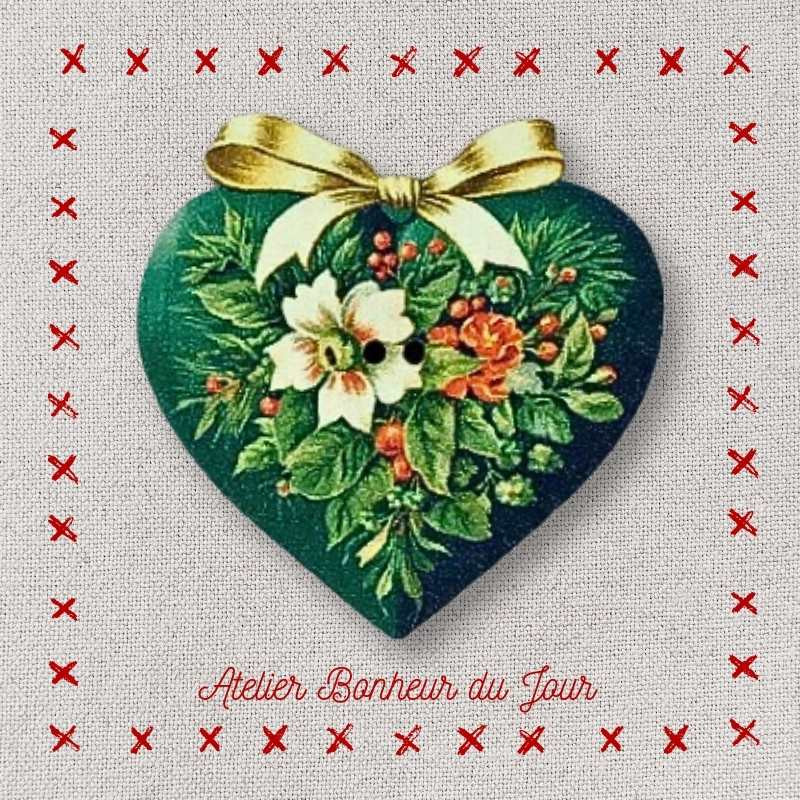 Decorative wooden button “Green foliage heart” Atelier bonheur du jour