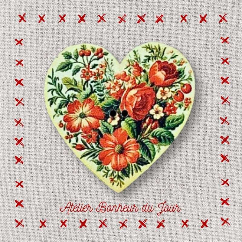 Decorative wooden button “Heart red flowers” Atelier bonheur du jour