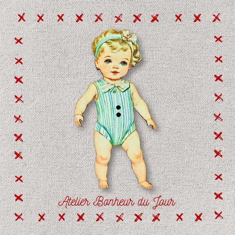 Decorative wooden button "baby in striped bodysuit" Atelier bonheur du jour