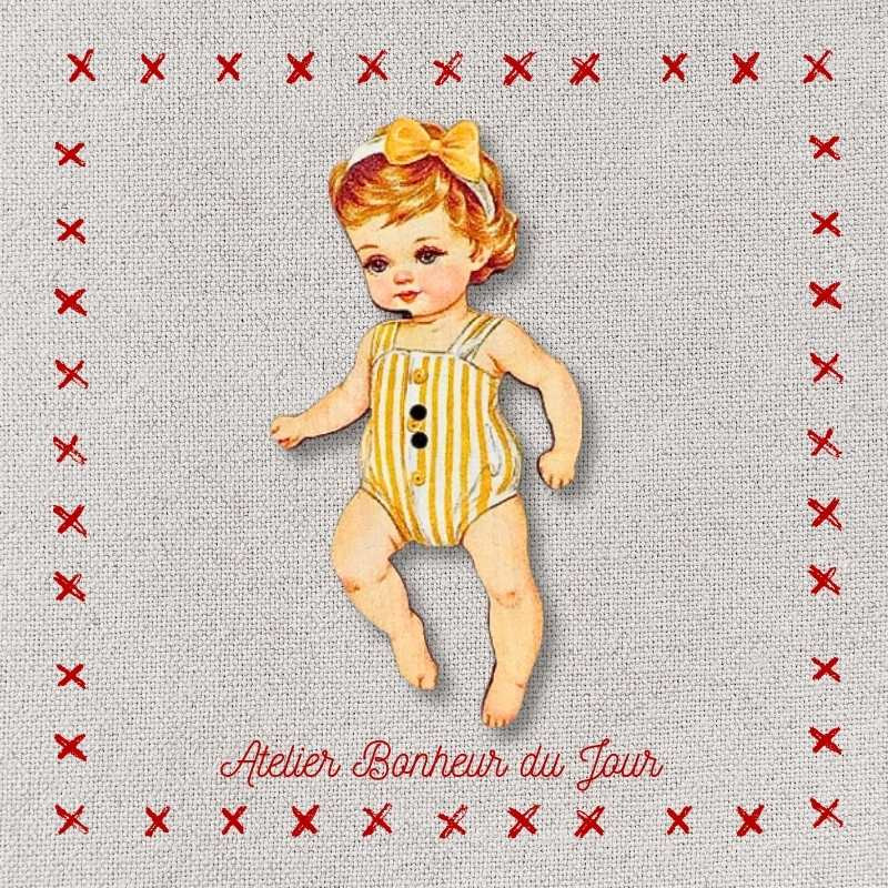 Decorative wooden button "Baby in suspender bodysuit" Atelier bonheur du jour