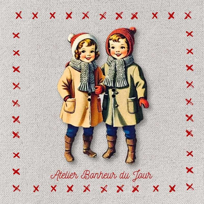 Bouton décoratif en bois "Justine et Teddy en Hiver" Atelier Bonheur du jour