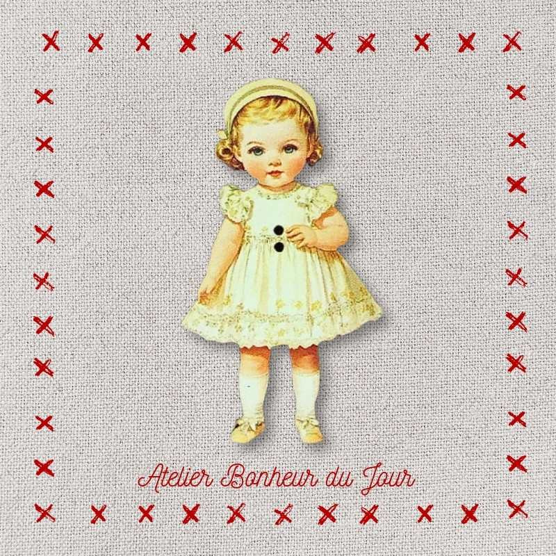Decorative wooden button "Little girl Léontine" Atelier bonheur du jour