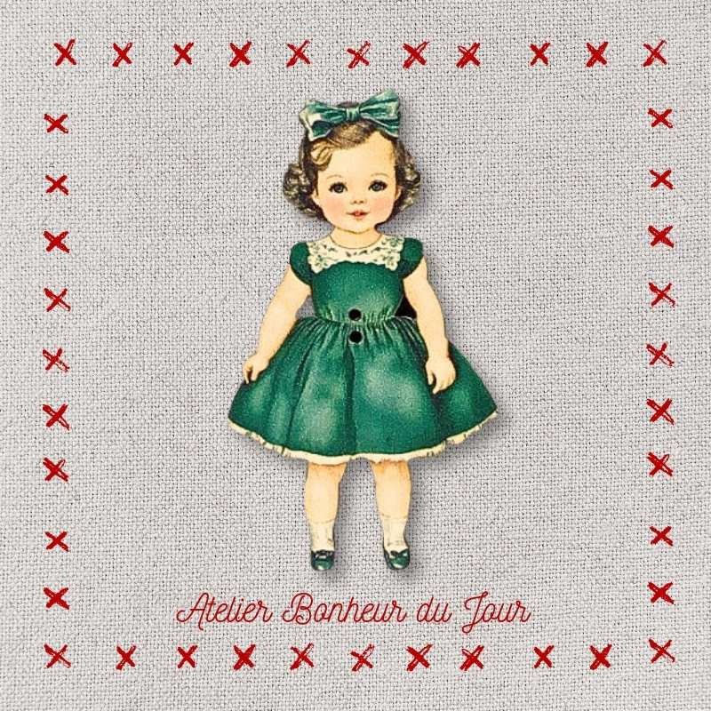 Decorative wooden button "Little girl Victorine" Atelier bonheur du jour