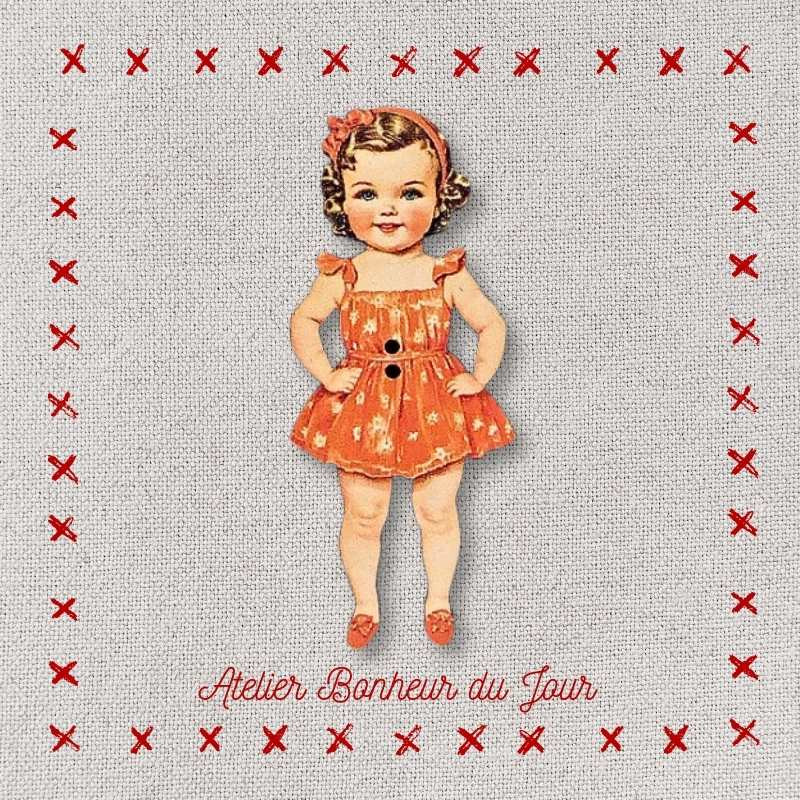 Decorative wooden button "Little girl Faustine" Atelier bonheur du jour