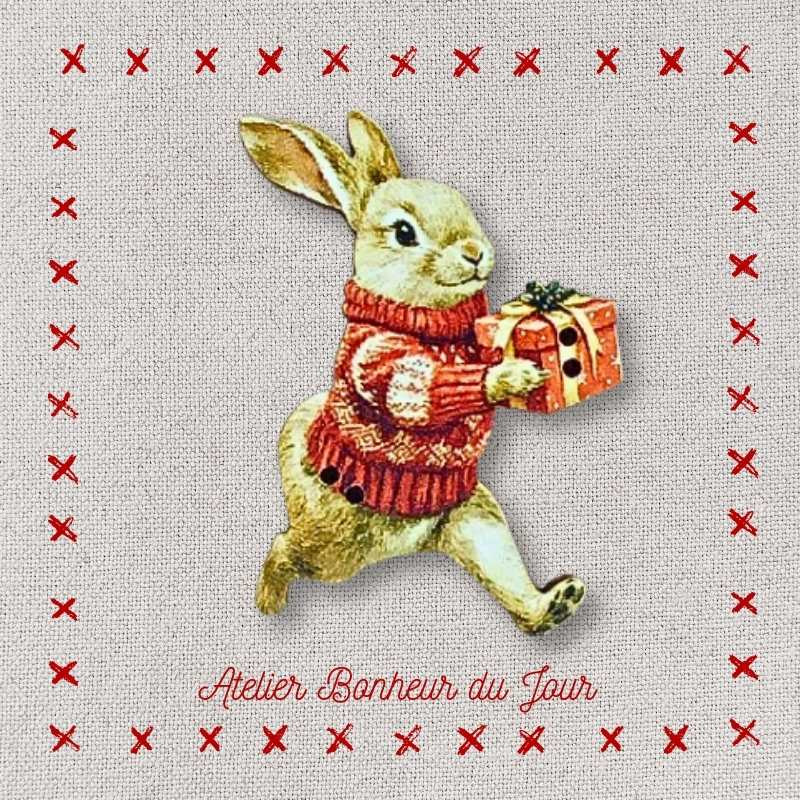 Bouton décoratif en bois "Lapin - cadeau de Noël " Atelier Bonheur du jour