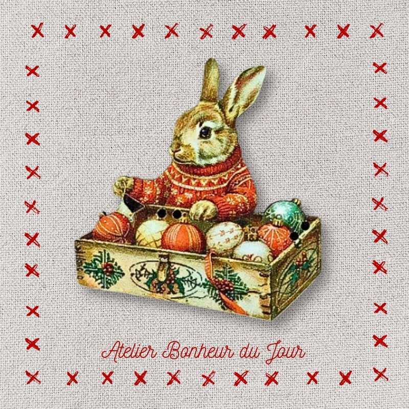 Bouton décoratif en bois "Lapin - boules de Noël " Atelier Bonheur du jour