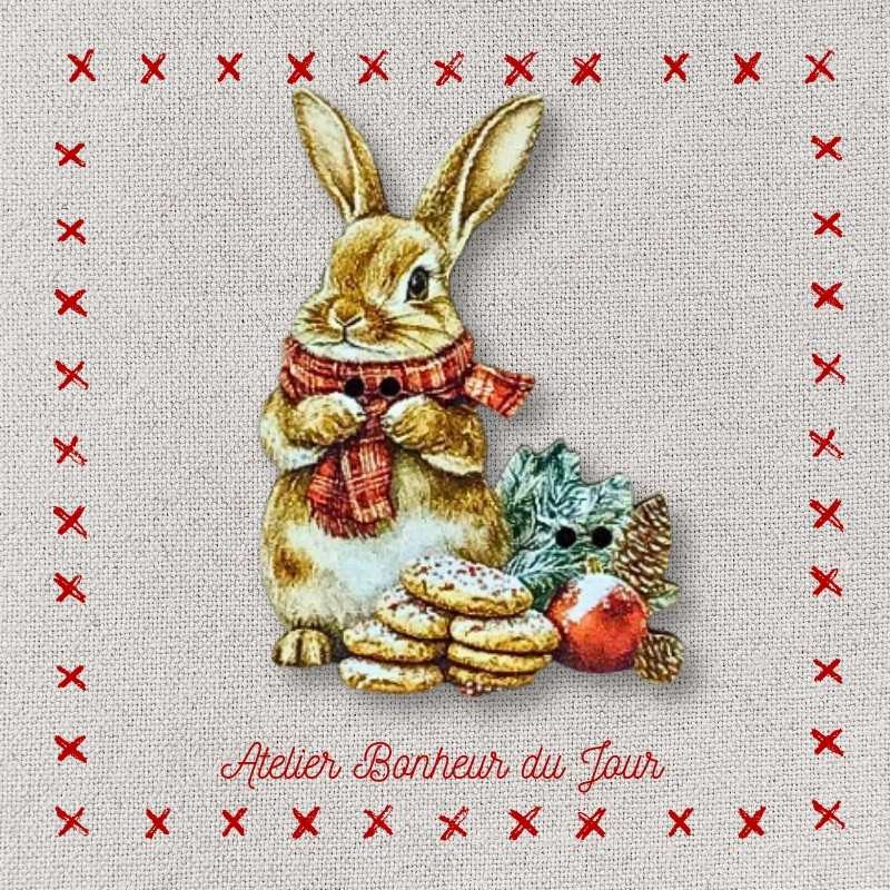 Bouton décoratif en bois "Lapin - cookies de Noël " Atelier Bonheur du jour