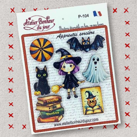 Wood buttons "Apprentice witch" in pouch
