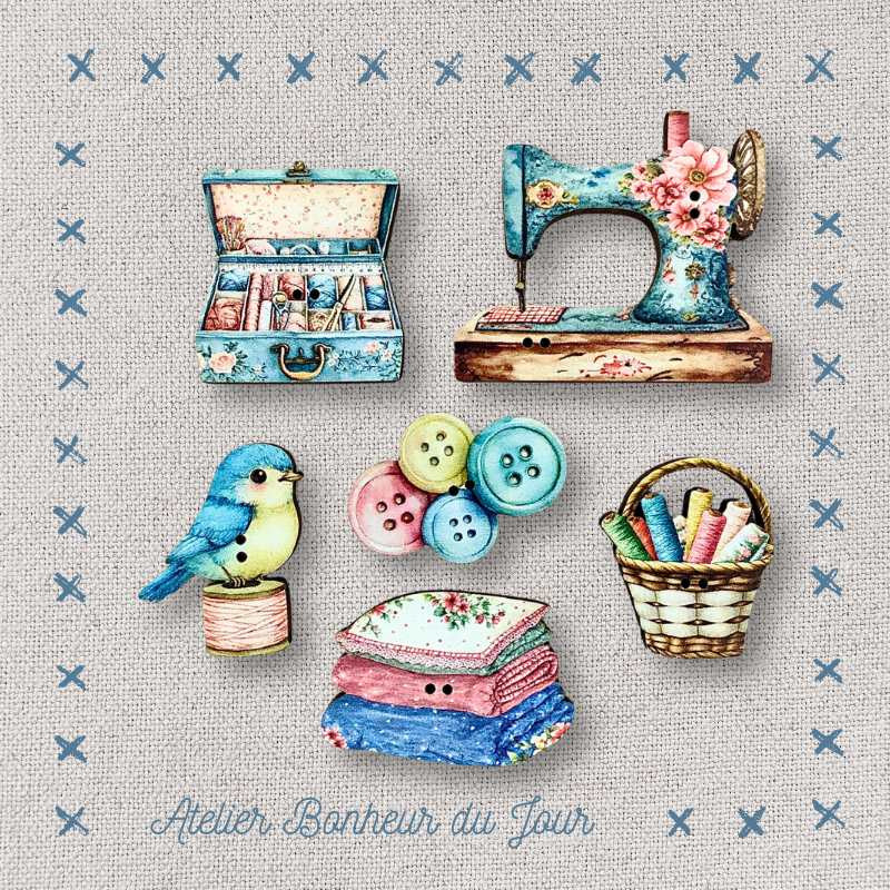 Pochette boutons décoratifs en bois "Atelier Bleuet" Atelier Bonheur du jour