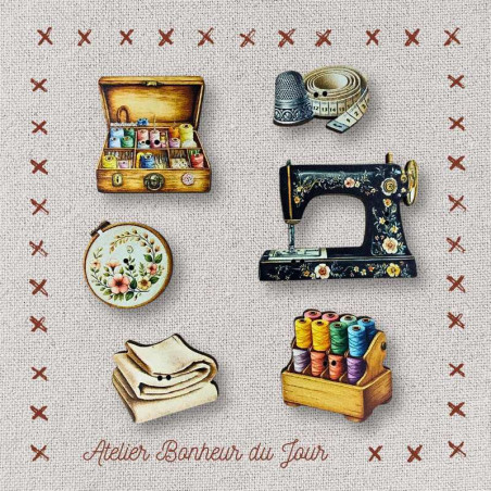 Decorative wooden button in pouch "Thread and needle workshop" Atelier Bonheur du jour