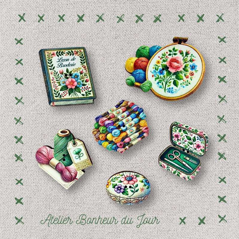 Pochette boutons décoratifs en bois "Leçon de broderie" Atelier Bonheur du jour