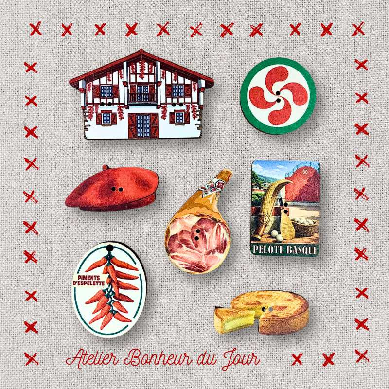 Decorative wooden button in pouch "The BASQUE Country" Atelier Bonheur du jour