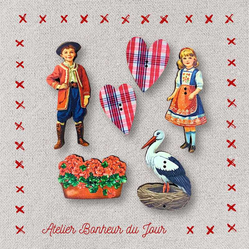 Pochette boutons décoratifs en bois "Les enfants d'Alsace" Atelier Bonheur du jour