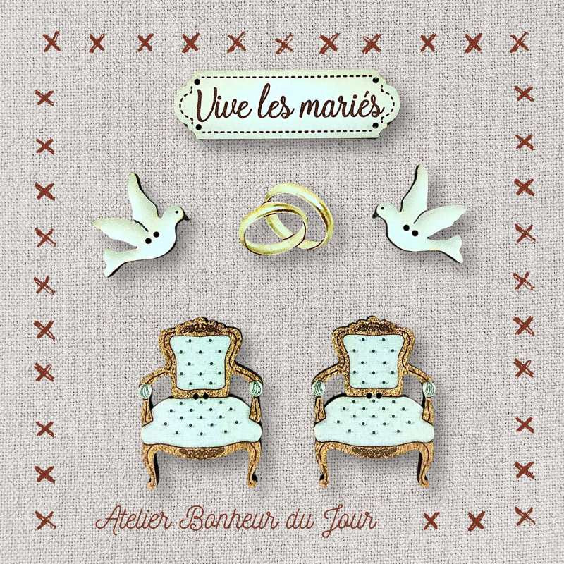Pochette boutons décoratifs en bois "Vive les mariés" Atelier Bonheur du jour